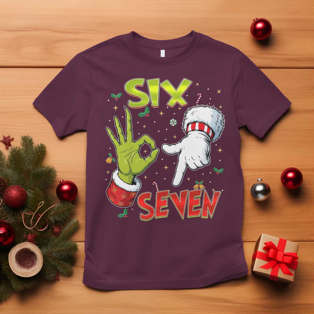 Funny Six Seven Christmas T Shirt 67 Meme Xmas Santa Elf Hand Gen Alpha - Wonder Print Shop