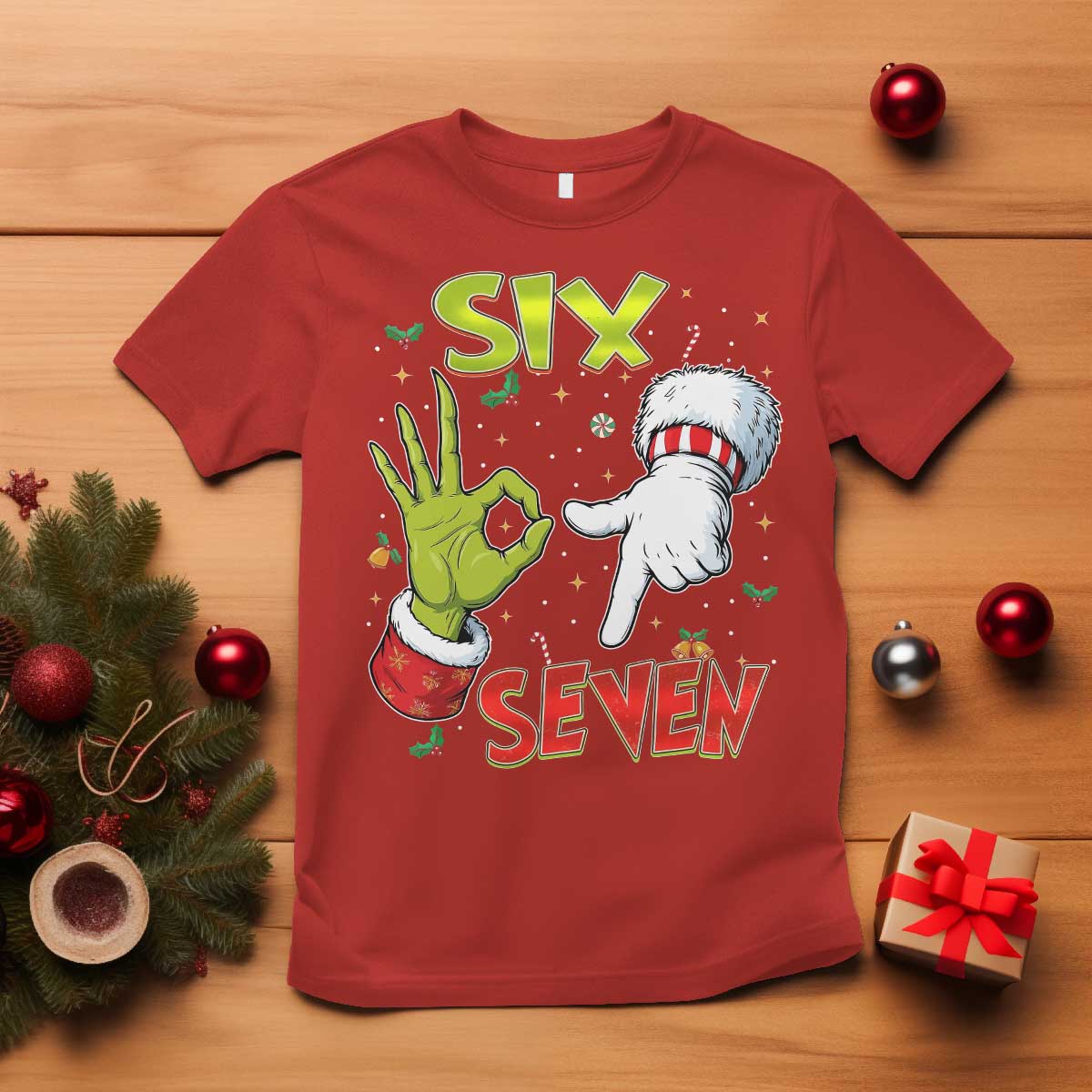 Funny Six Seven Christmas T Shirt 67 Meme Xmas Santa Elf Hand Gen Alpha - Wonder Print Shop