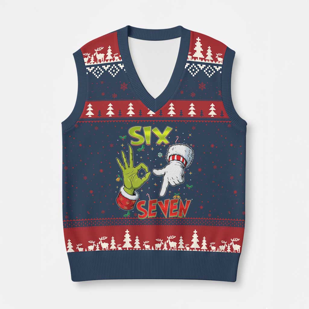 Funny Six Seven Xmas V-Neck Knit Sweater Vest 67 Meme Xmas Santa Elf Hand Gen Alpha - Wonder Print Shop