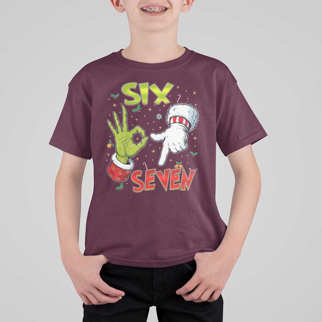 Funny Six Seven Christmas T Shirt For Kid 67 Meme Xmas Santa Elf Hand Gen Alpha - Wonder Print Shop