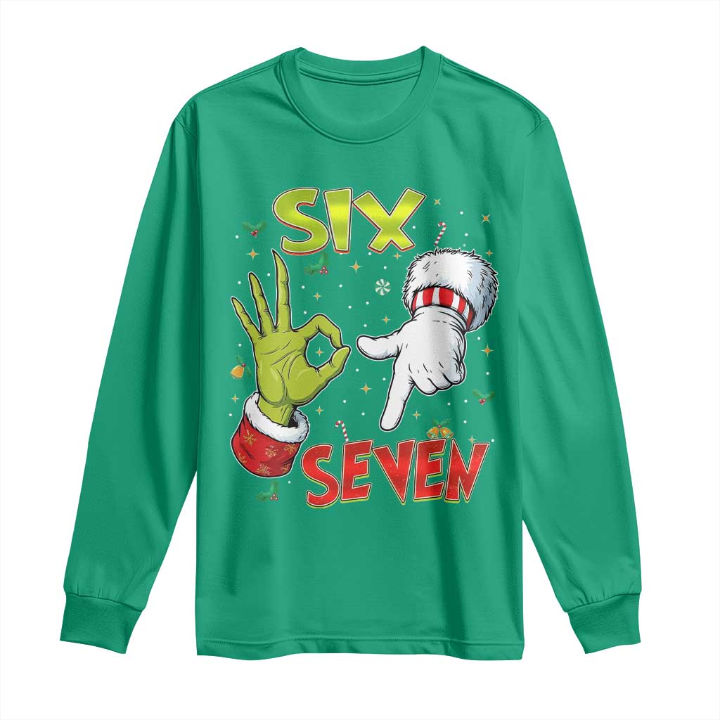 Funny Six Seven Christmas Long Sleeve Shirt 67 Meme Xmas Santa Elf Hand Gen Alpha - Wonder Print Shop