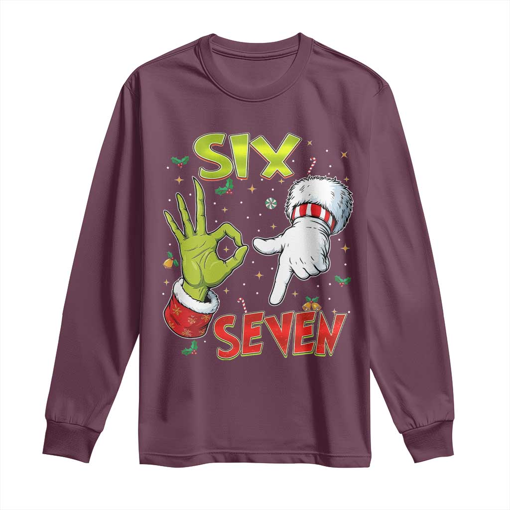 Funny Six Seven Christmas Long Sleeve Shirt 67 Meme Xmas Santa Elf Hand Gen Alpha - Wonder Print Shop