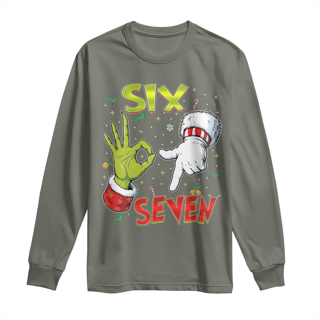 Funny Six Seven Christmas Long Sleeve Shirt 67 Meme Xmas Santa Elf Hand Gen Alpha - Wonder Print Shop