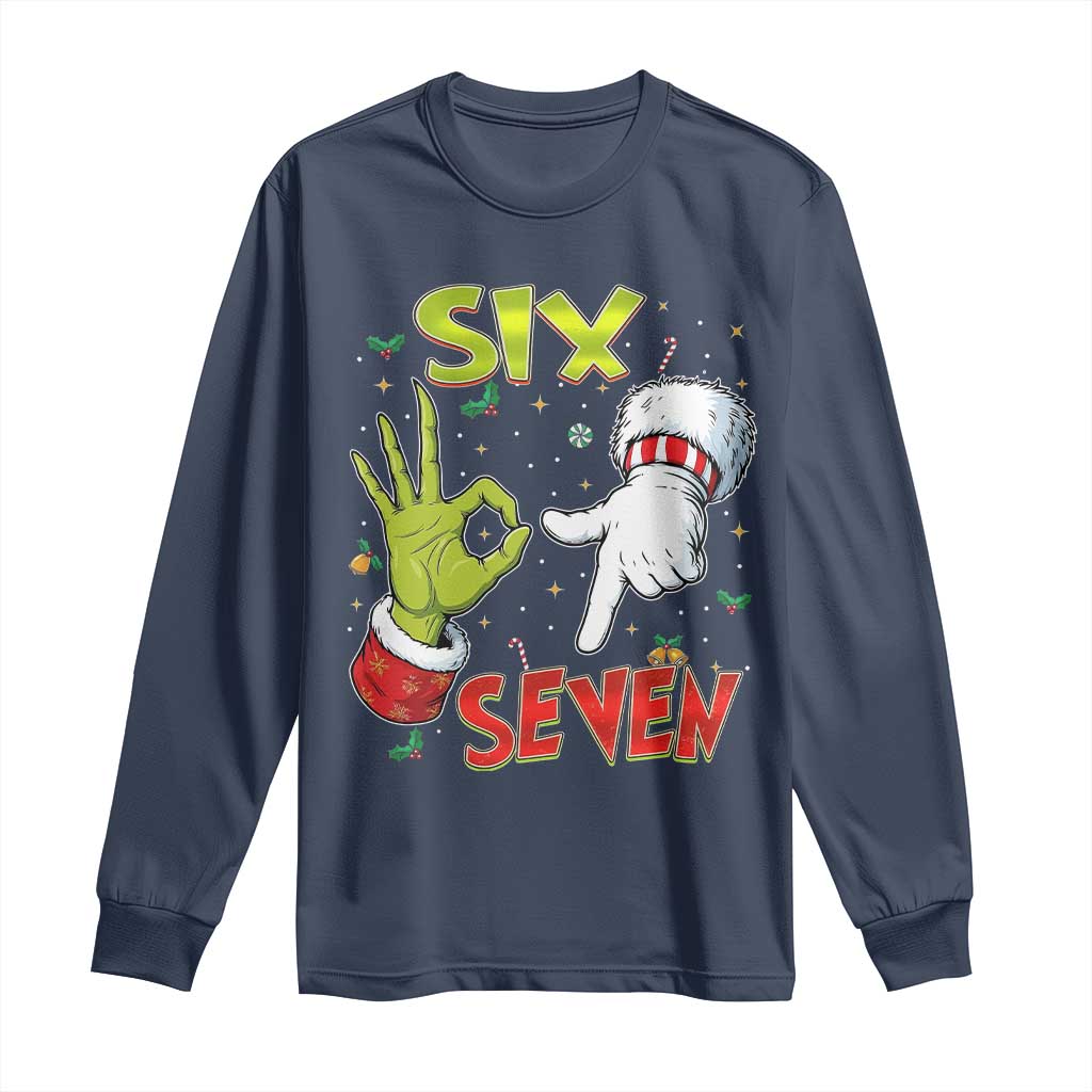 Funny Six Seven Christmas Long Sleeve Shirt 67 Meme Xmas Santa Elf Hand Gen Alpha - Wonder Print Shop