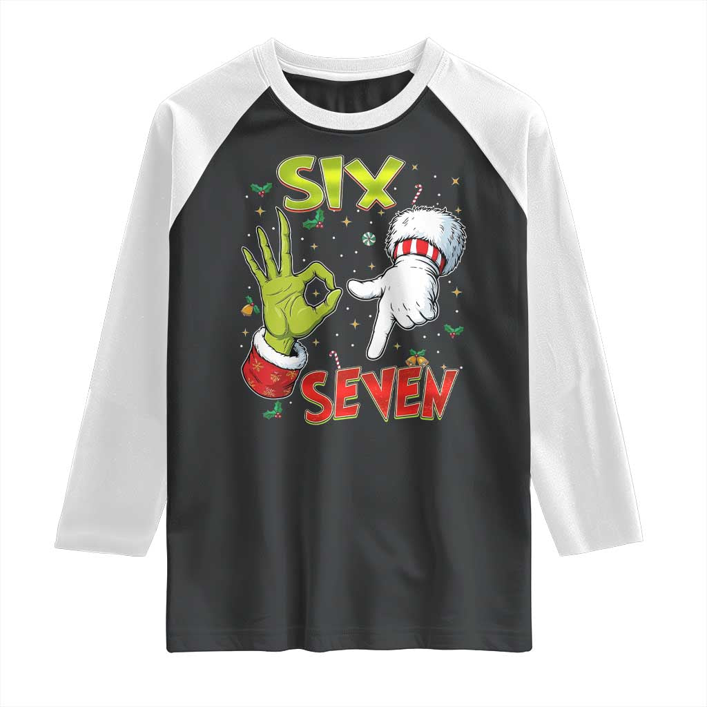 Funny Six Seven Christmas Raglan Shirt 67 Meme Xmas Santa Elf Hand Gen Alpha - Wonder Print Shop
