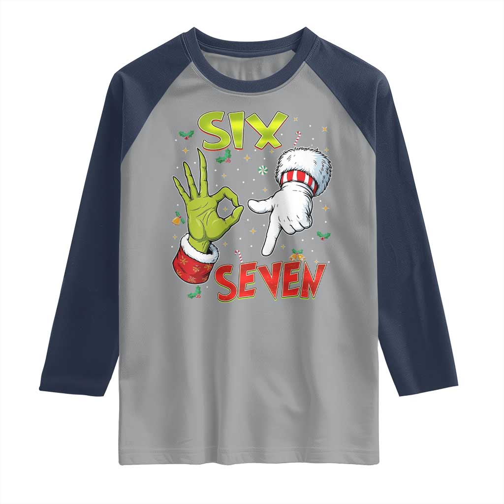 Funny Six Seven Christmas Raglan Shirt 67 Meme Xmas Santa Elf Hand Gen Alpha - Wonder Print Shop