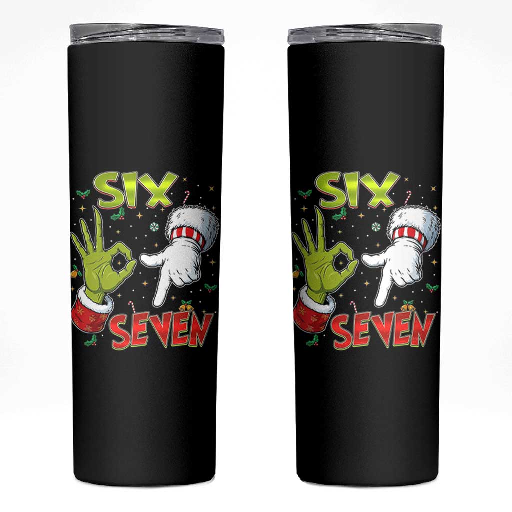 Funny Six Seven Christmas Skinny Tumbler 67 Meme Xmas Santa Elf Hand Gen Alpha - Wonder Print Shop