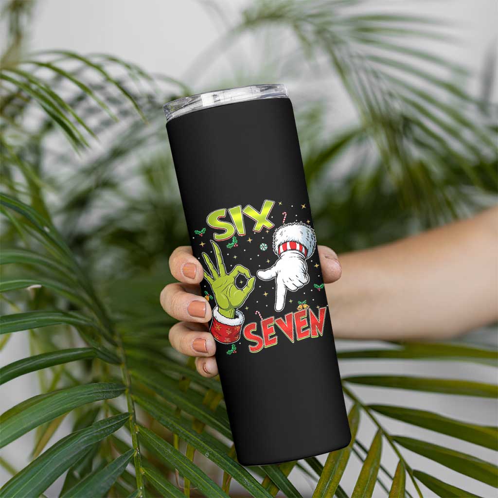 Funny Six Seven Christmas Skinny Tumbler 67 Meme Xmas Santa Elf Hand Gen Alpha - Wonder Print Shop