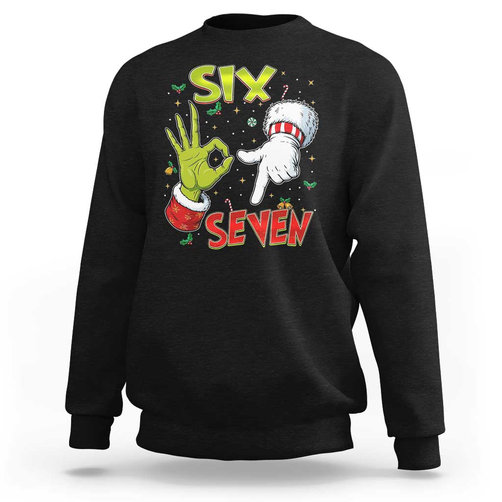 Funny Six Seven Christmas Sweatshirt 67 Meme Xmas Santa Elf Hand Gen Alpha - Wonder Print Shop