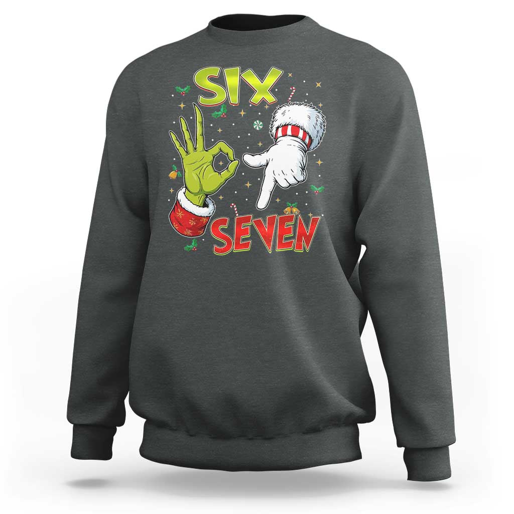 Funny Six Seven Christmas Sweatshirt 67 Meme Xmas Santa Elf Hand Gen Alpha - Wonder Print Shop