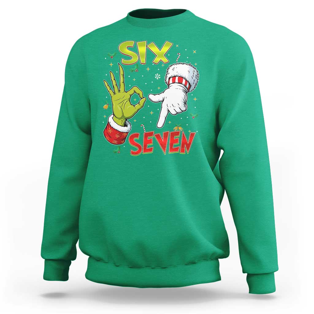 Funny Six Seven Christmas Sweatshirt 67 Meme Xmas Santa Elf Hand Gen Alpha - Wonder Print Shop