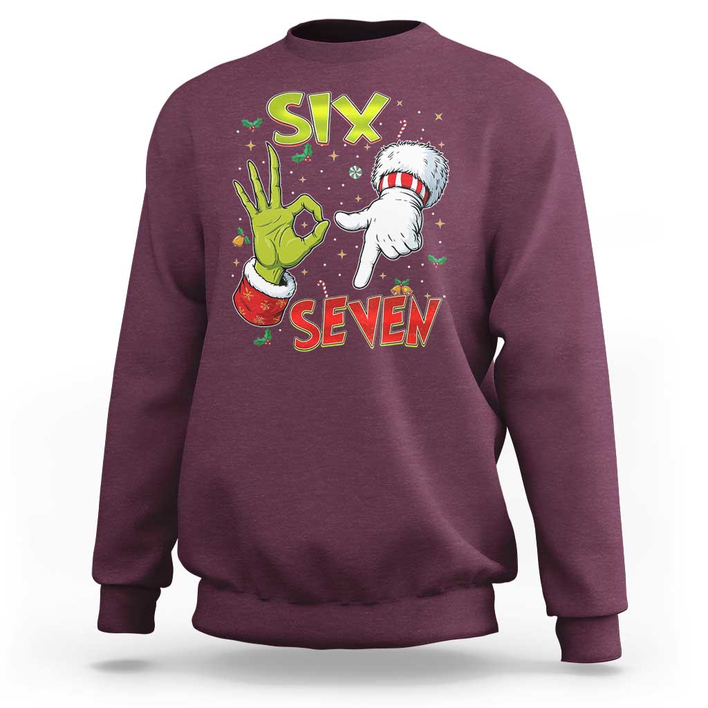 Funny Six Seven Christmas Sweatshirt 67 Meme Xmas Santa Elf Hand Gen Alpha - Wonder Print Shop