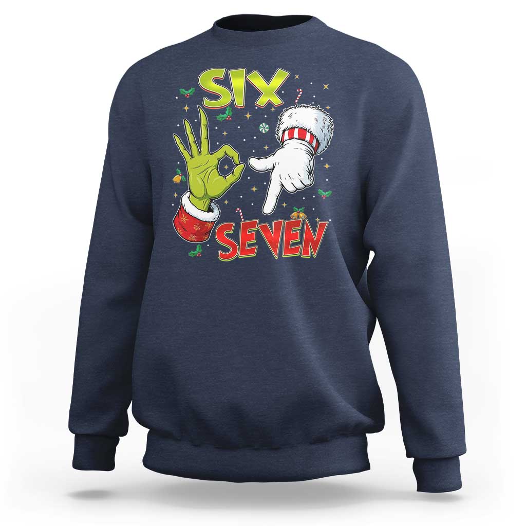 Funny Six Seven Christmas Sweatshirt 67 Meme Xmas Santa Elf Hand Gen Alpha - Wonder Print Shop