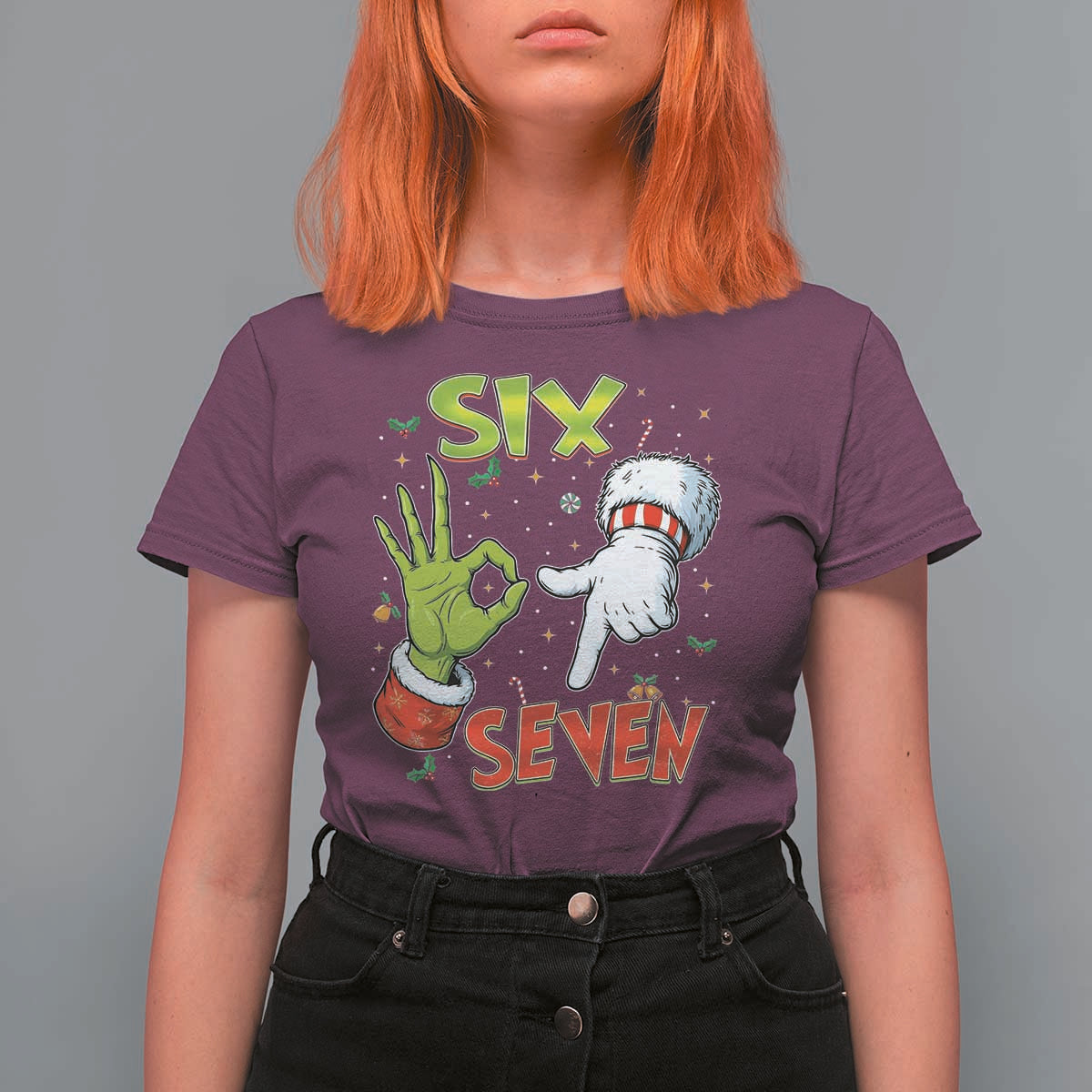 Funny Six Seven Christmas T Shirt For Women 67 Meme Xmas Santa Elf Hand Gen Alpha - Wonder Print Shop