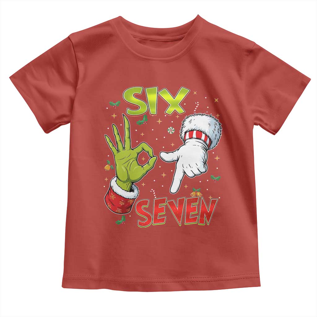 Funny Six Seven Christmas Toddler T Shirt 67 Meme Xmas Santa Elf Hand Gen Alpha - Wonder Print Shop