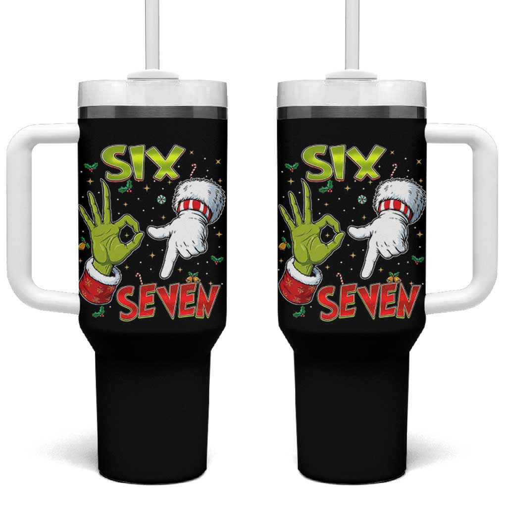 Funny Six Seven Christmas Tumbler With Handle 67 Meme Xmas Santa Elf Hand Gen Alpha - Wonder Print Shop