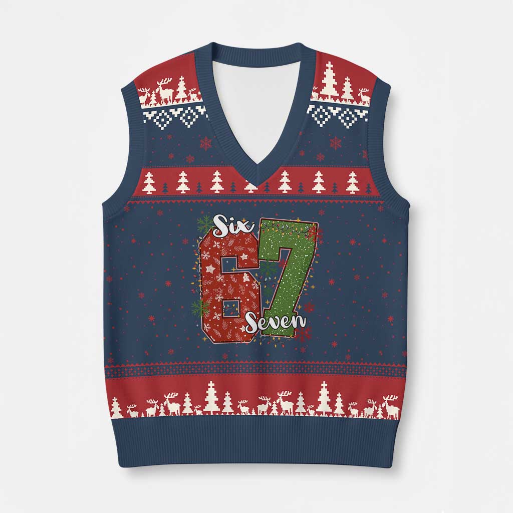 67 Xmas V-Neck Knit Sweater Vest Funny Six Seven Meme Gen Alpha Slang Snowflake - Wonder Print Shop