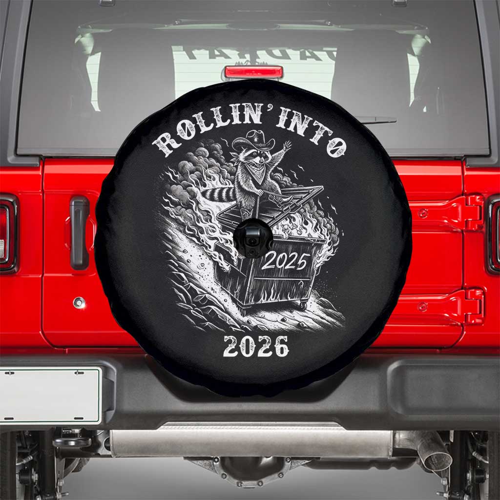 Funny Cowboy Raccoon Rollin Into 2026 Spare Tire Cover New Year Dumpster Fire 2026 Rodeo - Wonder Print Shop