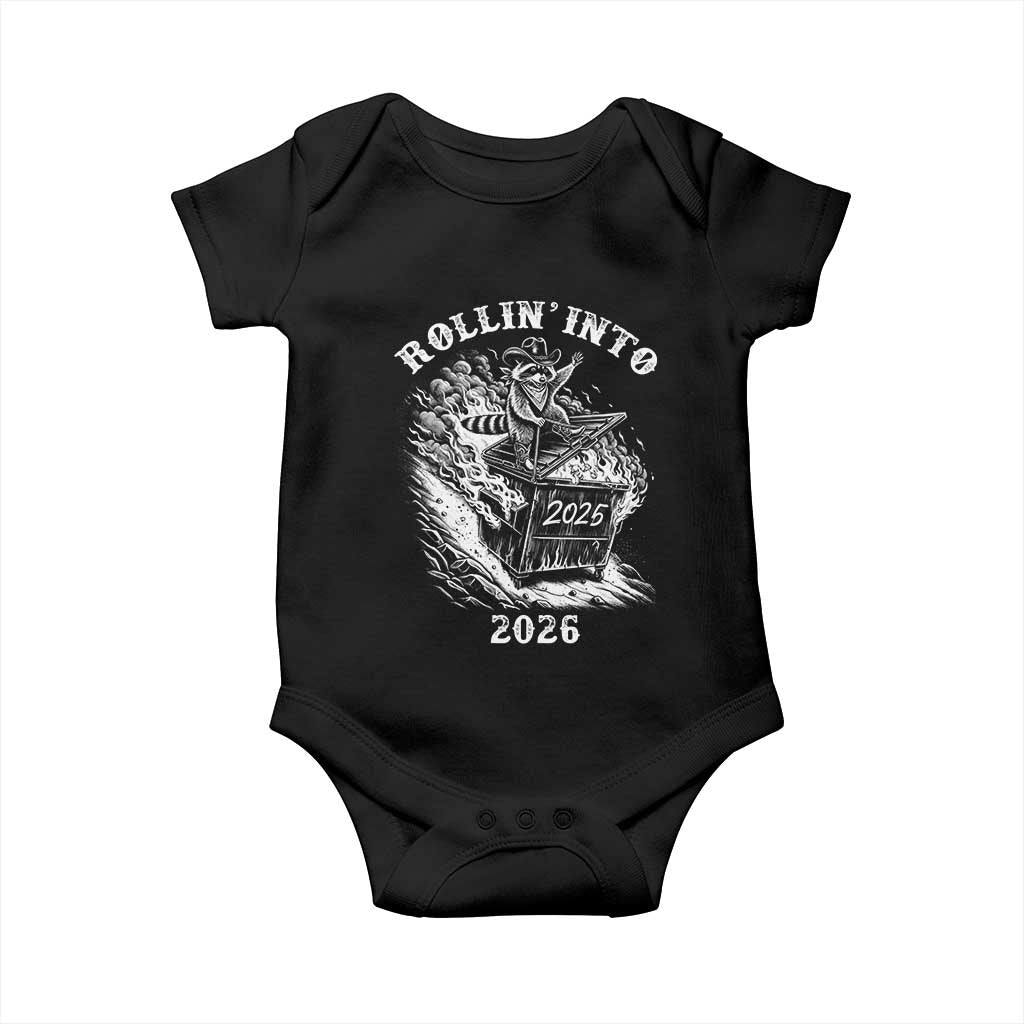 Funny Cowboy Raccoon Rollin Into 2026 Baby Onesie New Year Dumpster Fire 2026 Rodeo - Wonder Print Shop