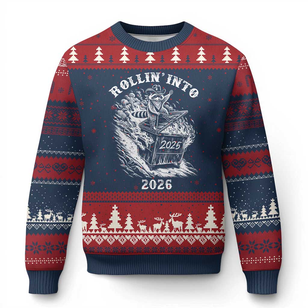 Funny Cowboy Raccoon Rollin Into 2026 Ugly Christmas Sweater New Year Dumpster Fire 2026 Rodeo - Wonder Print Shop