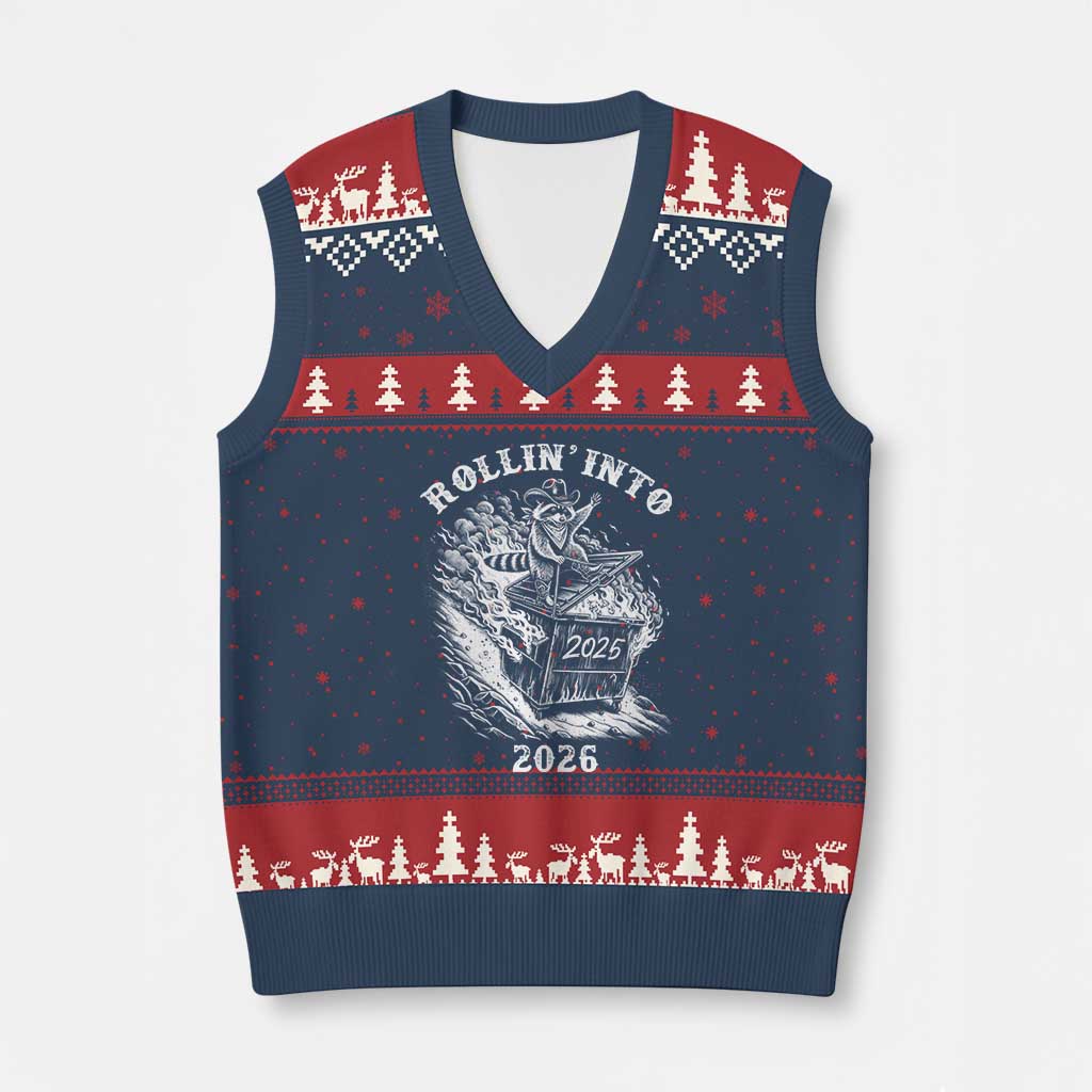 Funny Cowboy Raccoon Rollin Into 2026 V-Neck Knit Sweater Vest New Year Dumpster Fire 2026 Rodeo - Wonder Print Shop