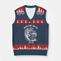 Funny Cowboy Raccoon Rollin Into 2026 V-Neck Knit Sweater Vest New Year Dumpster Fire 2026 Rodeo - Wonder Print Shop