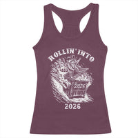 Funny Cowboy Raccoon Rollin Into 2026 Racerback Tank Top New Year Dumpster Fire 2026 Rodeo - Wonder Print Shop
