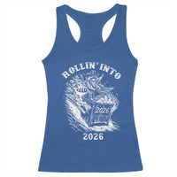 Funny Cowboy Raccoon Rollin Into 2026 Racerback Tank Top New Year Dumpster Fire 2026 Rodeo - Wonder Print Shop