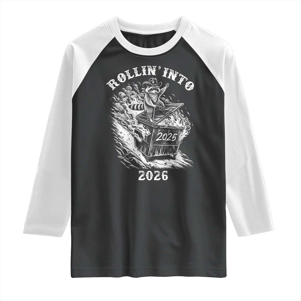 Funny Cowboy Raccoon Rollin Into 2026 Raglan Shirt New Year Dumpster Fire 2026 Rodeo - Wonder Print Shop