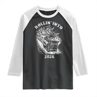 Funny Cowboy Raccoon Rollin Into 2026 Raglan Shirt New Year Dumpster Fire 2026 Rodeo - Wonder Print Shop