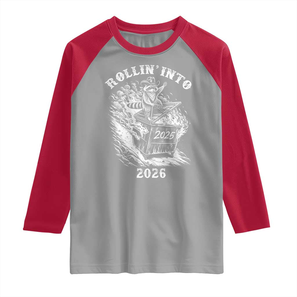 Funny Cowboy Raccoon Rollin Into 2026 Raglan Shirt New Year Dumpster Fire 2026 Rodeo - Wonder Print Shop