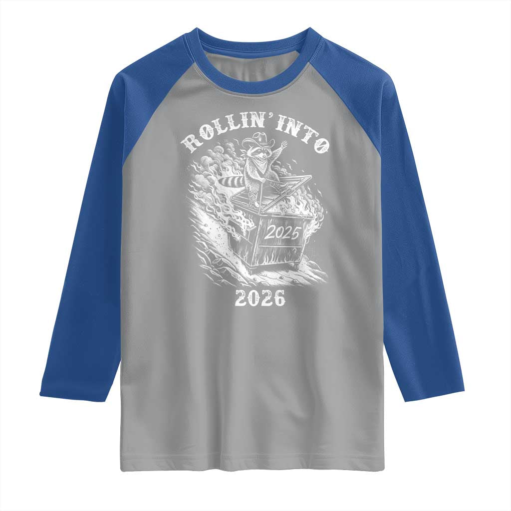 Funny Cowboy Raccoon Rollin Into 2026 Raglan Shirt New Year Dumpster Fire 2026 Rodeo - Wonder Print Shop