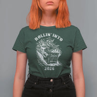 Funny Cowboy Raccoon Rollin Into 2026 T Shirt For Women New Year Dumpster Fire 2026 Rodeo - Wonder Print Shop