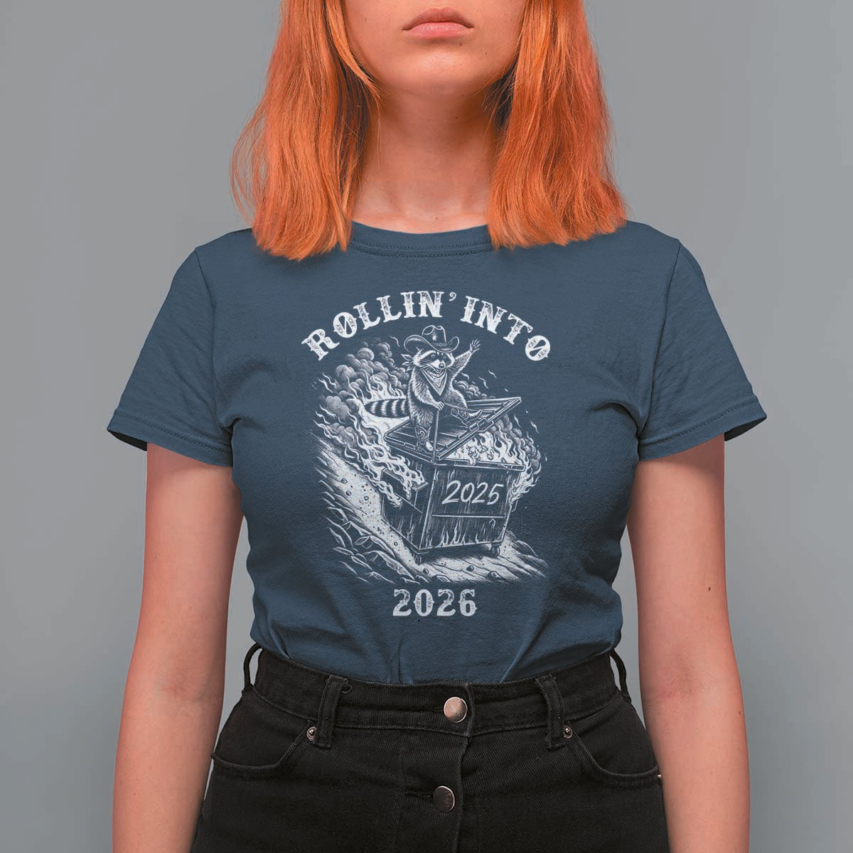 Funny Cowboy Raccoon Rollin Into 2026 T Shirt For Women New Year Dumpster Fire 2026 Rodeo - Wonder Print Shop