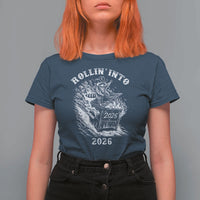 Funny Cowboy Raccoon Rollin Into 2026 T Shirt For Women New Year Dumpster Fire 2026 Rodeo - Wonder Print Shop