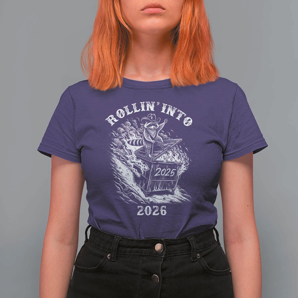Funny Cowboy Raccoon Rollin Into 2026 T Shirt For Women New Year Dumpster Fire 2026 Rodeo - Wonder Print Shop