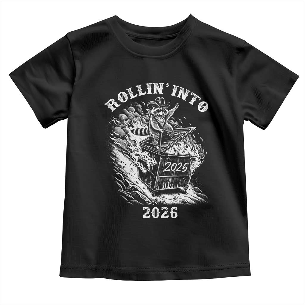 Funny Cowboy Raccoon Rollin Into 2026 Toddler T Shirt New Year Dumpster Fire 2026 Rodeo - Wonder Print Shop