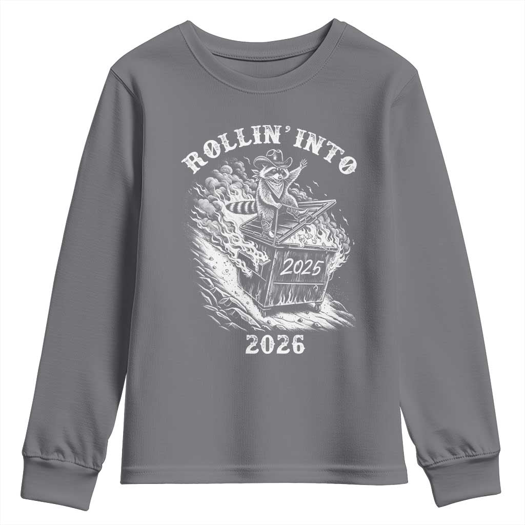 Funny Cowboy Raccoon Rollin Into 2026 Youth Sweatshirt New Year Dumpster Fire 2026 Rodeo - Wonder Print Shop