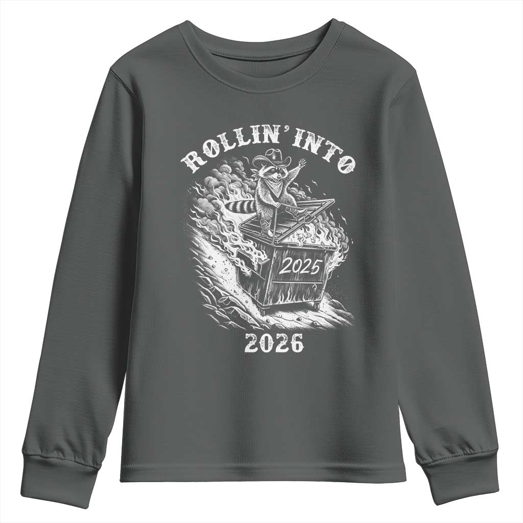 Funny Cowboy Raccoon Rollin Into 2026 Youth Sweatshirt New Year Dumpster Fire 2026 Rodeo - Wonder Print Shop