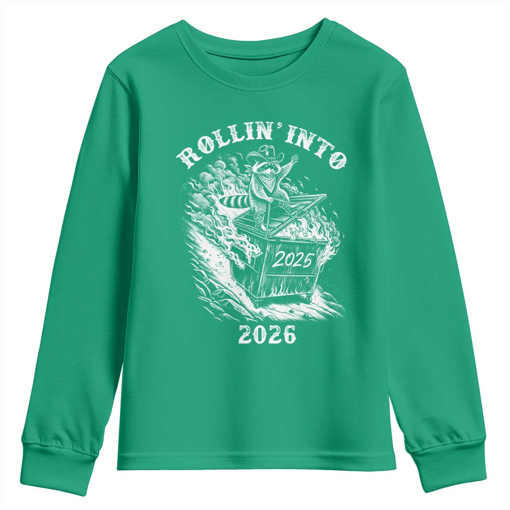 Funny Cowboy Raccoon Rollin Into 2026 Youth Sweatshirt New Year Dumpster Fire 2026 Rodeo - Wonder Print Shop