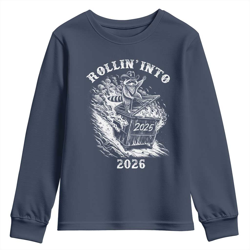 Funny Cowboy Raccoon Rollin Into 2026 Youth Sweatshirt New Year Dumpster Fire 2026 Rodeo - Wonder Print Shop
