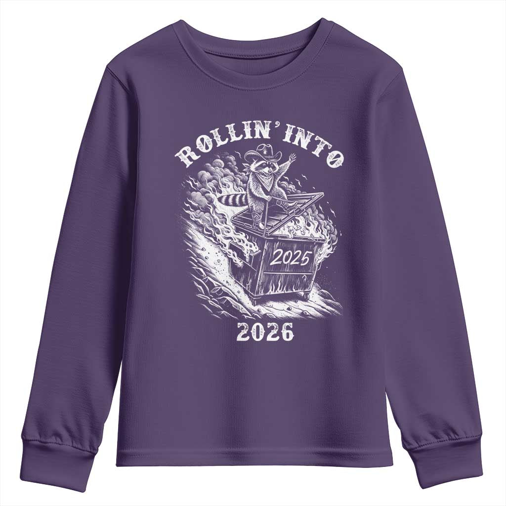 Funny Cowboy Raccoon Rollin Into 2026 Youth Sweatshirt New Year Dumpster Fire 2026 Rodeo - Wonder Print Shop