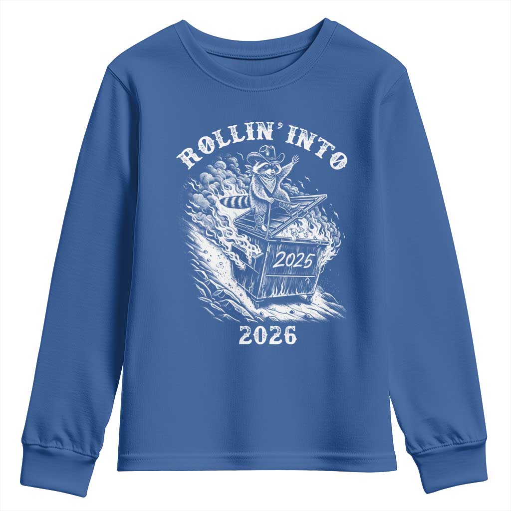 Funny Cowboy Raccoon Rollin Into 2026 Youth Sweatshirt New Year Dumpster Fire 2026 Rodeo - Wonder Print Shop