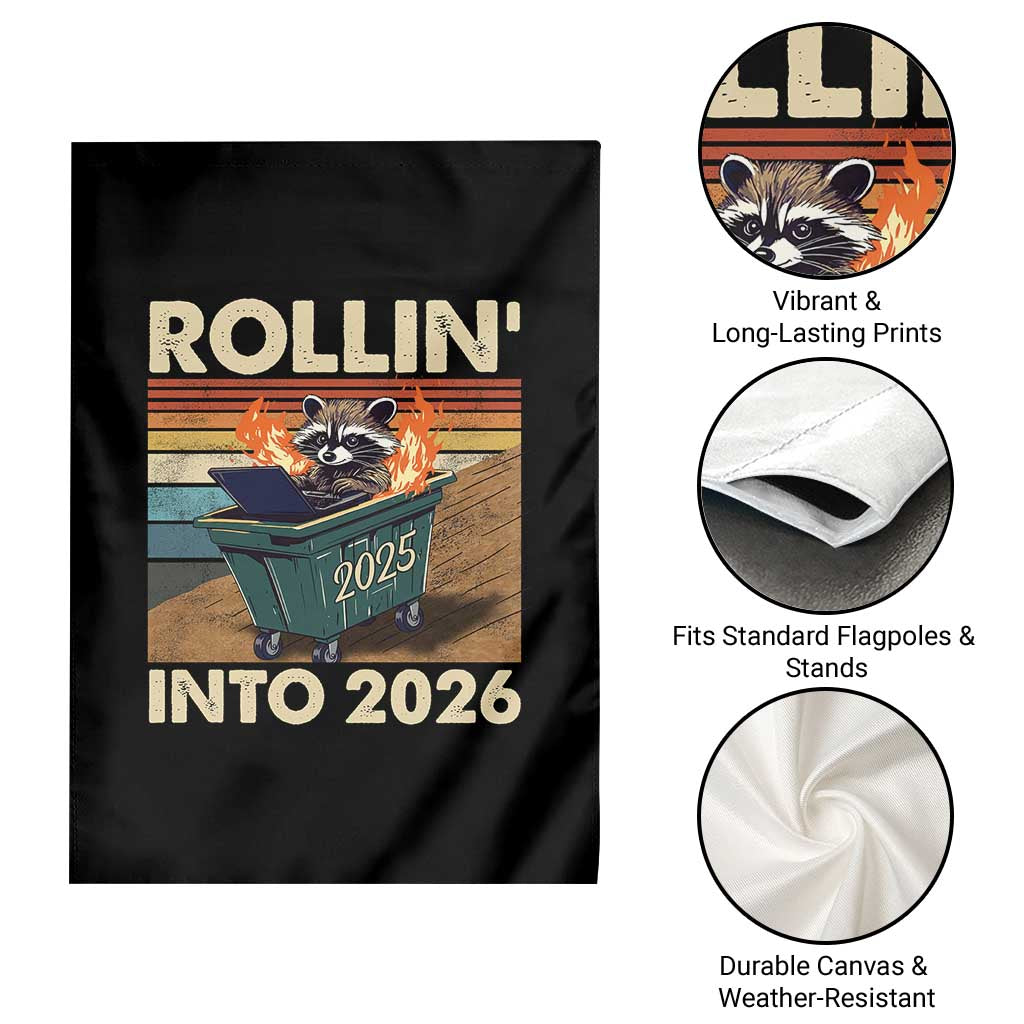 Funny Raccoon Rollin Into 2026 Garden Flag New Year Dumpster Fire - Wonder Print Shop