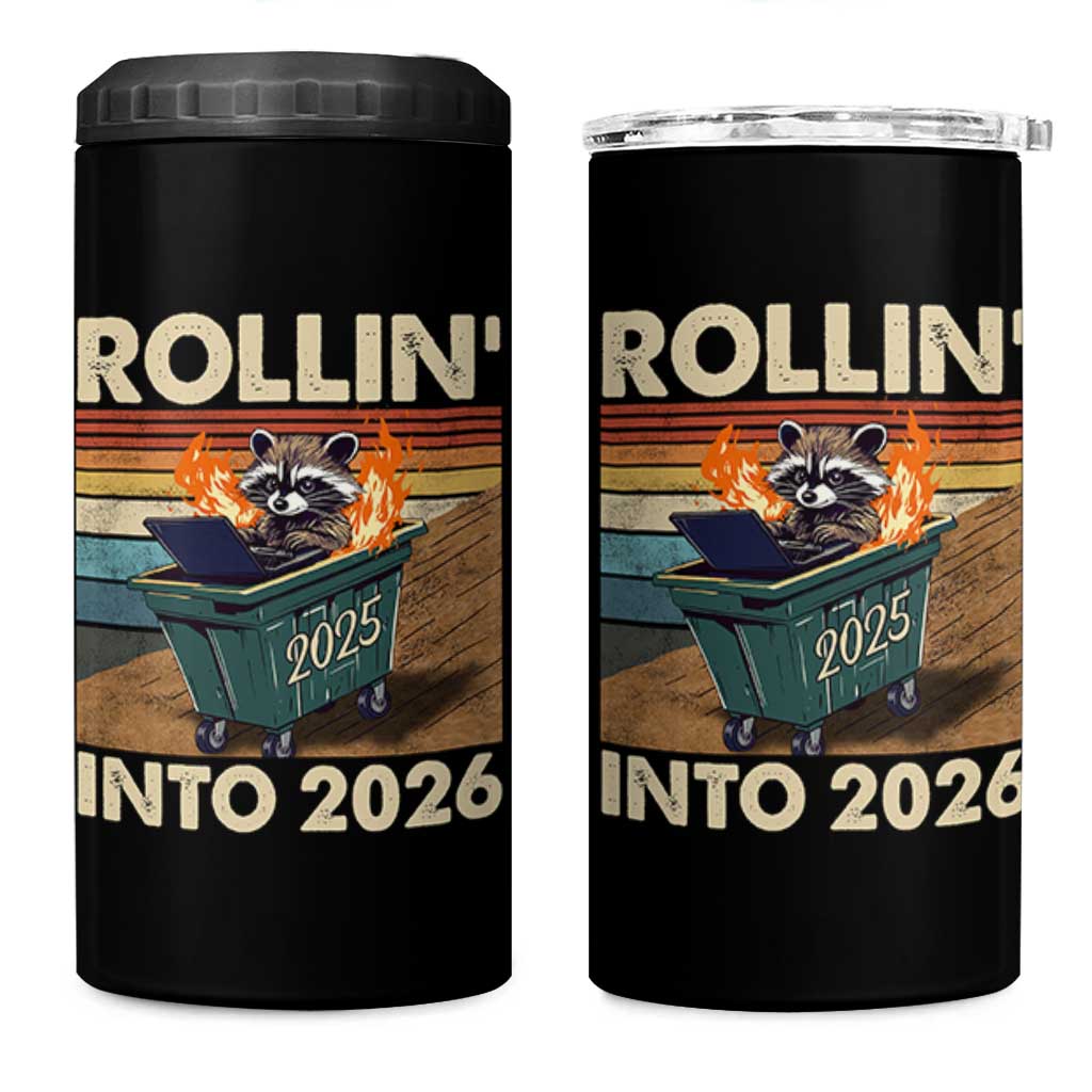 Funny Raccoon Rollin Into 2026 4 in 1 Can Cooler Tumbler New Year Dumpster Fire - Wonder Print Shop