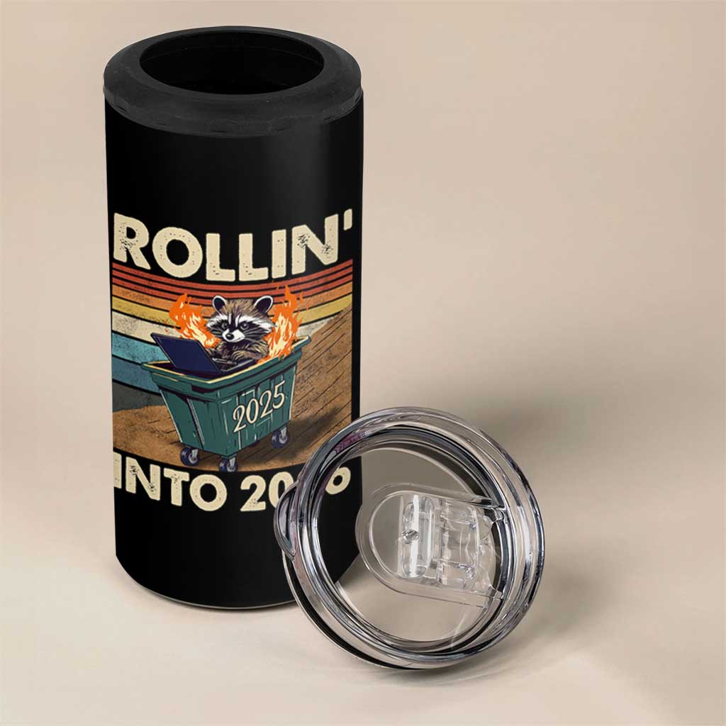Funny Raccoon Rollin Into 2026 4 in 1 Can Cooler Tumbler New Year Dumpster Fire - Wonder Print Shop