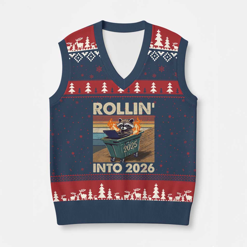 Funny Raccoon Rollin Into 2026 V-Neck Knit Sweater Vest New Year Dumpster Fire - Wonder Print Shop