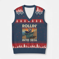 Funny Raccoon Rollin Into 2026 V-Neck Knit Sweater Vest New Year Dumpster Fire - Wonder Print Shop