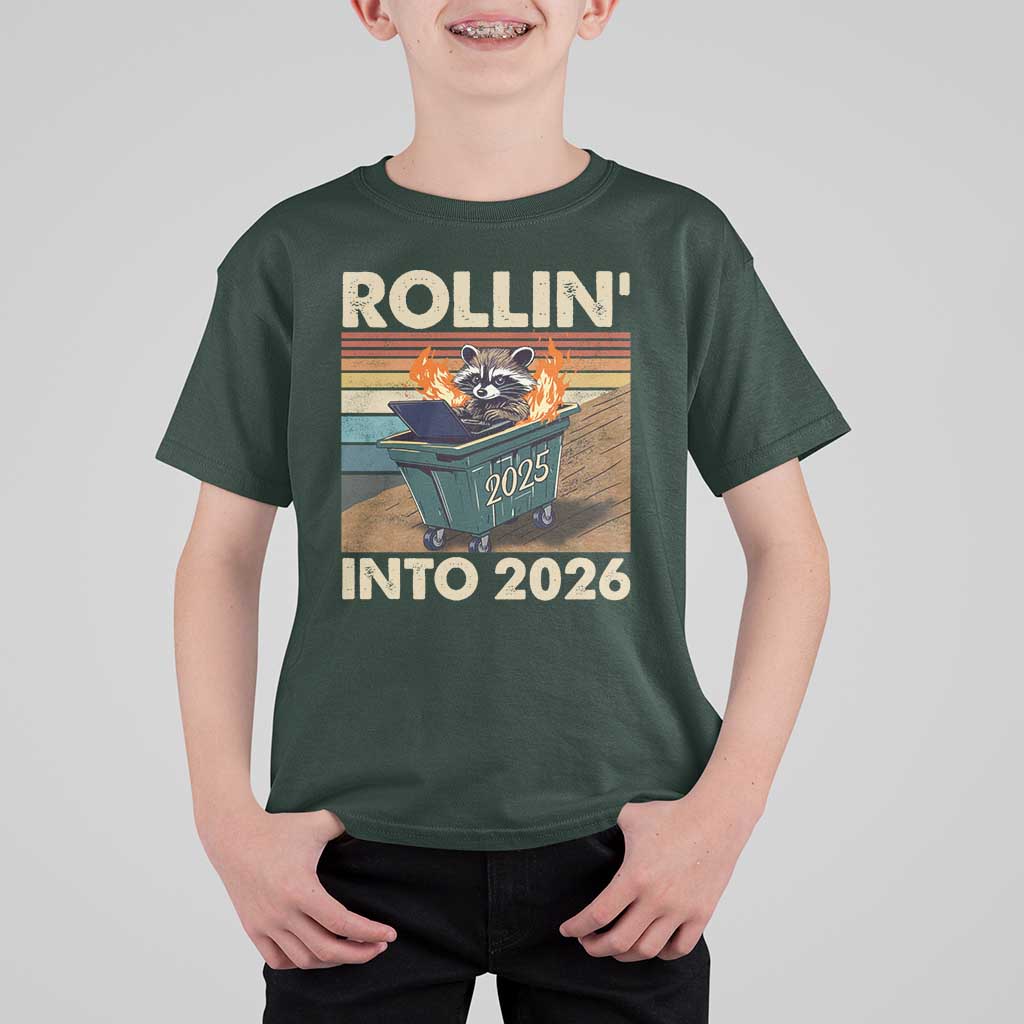 Funny Raccoon Rollin Into 2026 T Shirt For Kid New Year Dumpster Fire - Wonder Print Shop