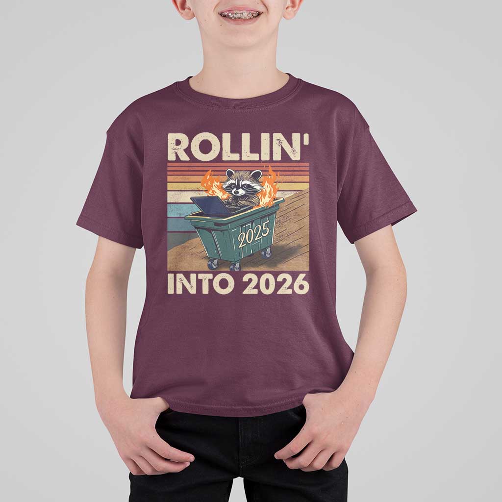 Funny Raccoon Rollin Into 2026 T Shirt For Kid New Year Dumpster Fire - Wonder Print Shop